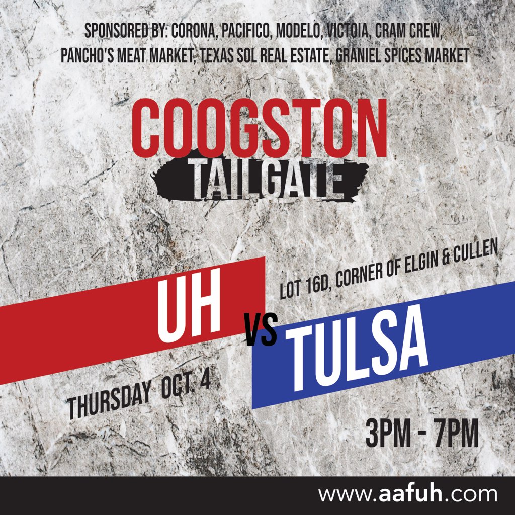 Coogston's tweet photo. THURSDAY NIGHT TAILGATE!!! Let's Go!!! All are welcomed! #GoCoogs #HTownTakeover #Houston #Tailgate Thanks you @CramCrew @granelglobal @corona @PanchosMeatMKT @TXSolRealEstate @texanbank AWESOME GRAPHICS @AAFUH!! https://t.co/pxG2W5jHge