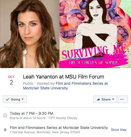 SurvivingMeFilm's tweet photo. Tonight! #SurvivingMe screens at Montclair University Film Forum, Tuesday Oct 2 at 7pm, Q+A after w director @LeahYananton. All welcome. If you’re in the NY/NJ area and can make it we’d love to see you there! @montclairstateu #indiefilm #femaledirector #Metoo #survivorawareness https://t.co/X2ETN2Lhqt