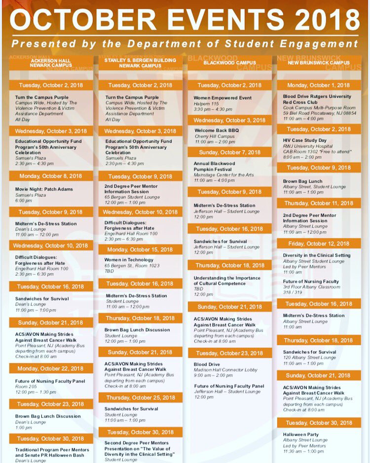 ru_engagedson's tweet photo. What’s going on in October!?? Join the RUSON for a number of programs! Hope we see you there! #nursing #RUSON #healthcare #events #studentengagement #rutgers https://t.co/1GeoJhcOOT