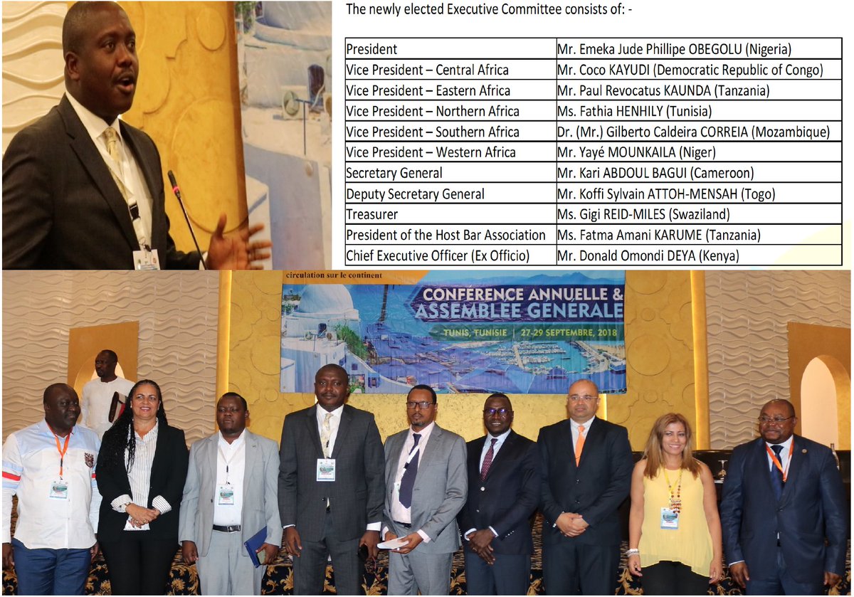 LawyersofAfrica's tweet photo. #PALU2018 #TunisAConfGAssRoundUP The Union elected a new Executive Committee, led by Nigerian lawyer Emeka Obegolu, to steer it for the next three years (2018 - 2020.)  #NewExCommittee2018-2020 @Nigerialawyers @Lawyerscom @LawSocietySA @GambiaLawReview https://t.co/1RSBl2LnUP