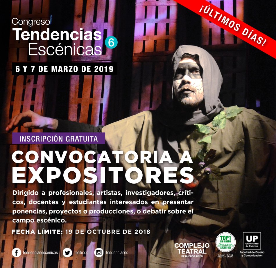 Últimos días! Envíanos tu propuesta para participar como expositor del 6º Congreso Tendencias Escénicas! 🎬🎨🎭🔜

No te quedes afuera! Tenes tiempo hasta el 19/10.
Para más información ingresa en palermo.edu/audiovisualesdc
