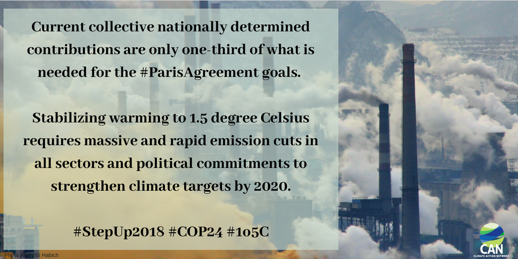 CANIntl's tweet photo. Our collective national climate targets do not take us far enough to keep warming to #1o5C .  
In 2018 we need political commitments to update climate targets by 2020 if we are to realise the goals of the #ParisAgreement #StepUp2018 https://t.co/v9hj5u2HQO