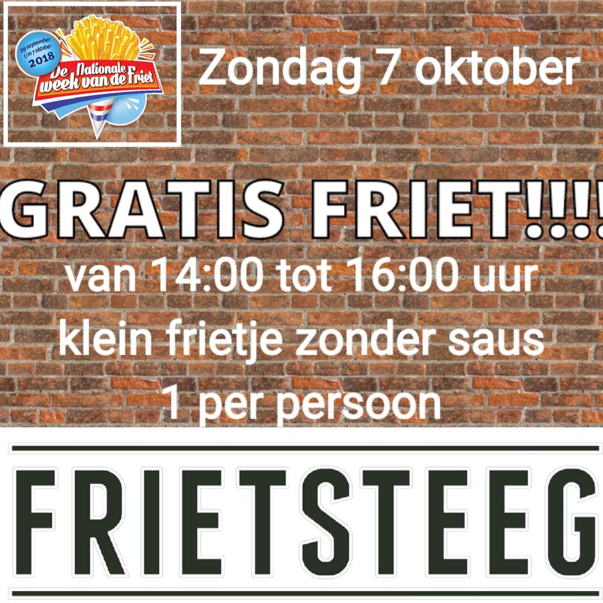 frietsteeg's tweet photo. FRIETALARM!
ZONDAG 7 OKTOBER AS.
tussen 14.00 &amp; 16.00 UUR
voor iedere bezoeker een GRATIS 
overheerlijk portie Friet.
#FRIETSTEEG #VERSEFRIET #AMSTERDAM #WEEKVDFRIET https://t.co/excnLG2Dyg
