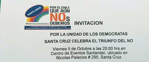 ProDistrito16's tweet image. Invitación! @ProSextaRegion estaremos presentes en acto del Triunfo del NO, en #SantaCruz Viernes 5 de Octubre desde las 20:00 hrs. En Nicolas Palacios #295 Te esperamos! @trigal_fm @SantaCruzChile @Diariocolchagua @LosPROgresistas