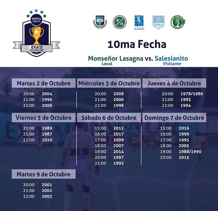 Estos son los horarios para la serie de enfrentamientos que cierran esta décima y última fecha de esta edición de la Exa's Golden Cup. Esperemos que el tiempo nos acompañe. #exasgoldencup #examonseñor #exasale #exacristorey #exacasj #exasanjose #niveamen