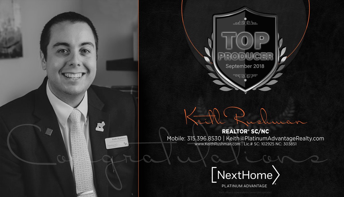forsalecarolina's tweet photo. NextHome Platinum Advantage wants to take a moment to recognize our Top Producing agent of September 2018!  A HUGE congratulations to Keith Rushman, REALTOR® SC/NC.

#WhosNext #NextHomies #NextHome #NextHomeLuke #NextHomePlatinumAdvantage #FollowTheOrangeFrenchie #PlatinumAdv ... https://t.co/w6Dm4Z2eON