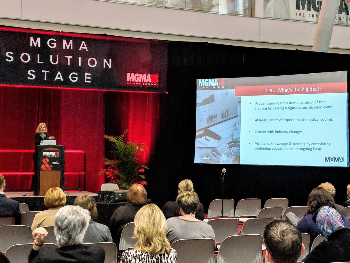 MGMA's tweet photo. Beverly Gibson, MBA, M.Ed., CMPE, CPC-I, CMPA, CEMA, Sr. Industry Advisor for @MGMA, is explaining why having a Certified Professional Coder is such a big deal. Without one you can experience high expenses and lower reimbursements. #MGMA18Annual https://t.co/qH8om3rW3b