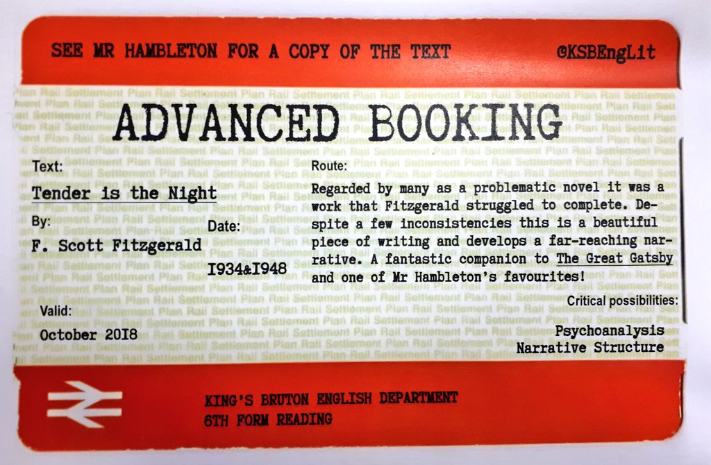 KSBEngLit's tweet image. October&apos;s #advancedbooking has arrived: some further reading to stretch beyond the syllabus. This month it&apos;s Fitzgerald&apos;s &apos;Tender is the Night&apos; @KingsBruton
