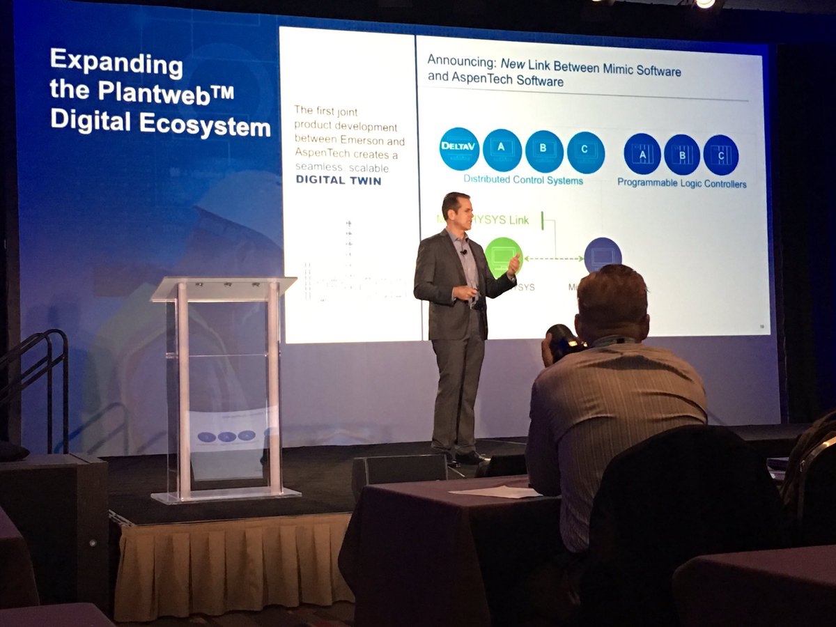 Jim_nyquist's tweet photo. A full download at the Press breakfast on new software products from #Emerson, Plantweb Optics v1.5 and Digital Twin using Mimic and AspenTech alliance.   Lots of news at #EmrEx https://t.co/Huvs2TApbi
