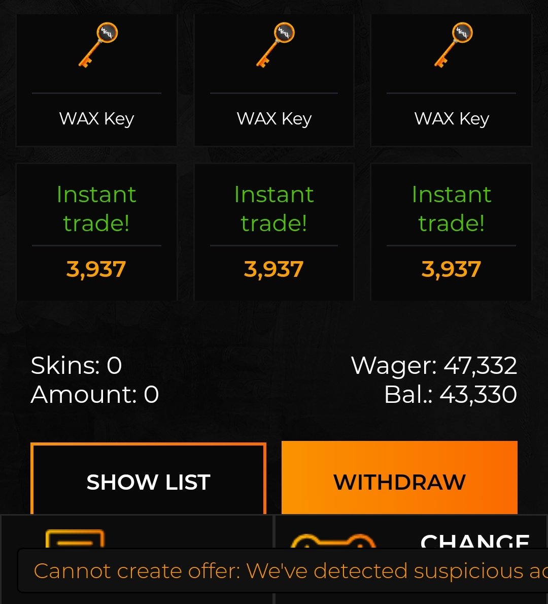 SignalRust's tweet photo. @CSGOatsecom help?!?! I can't withdraw! https://t.co/YIu4bUcl52