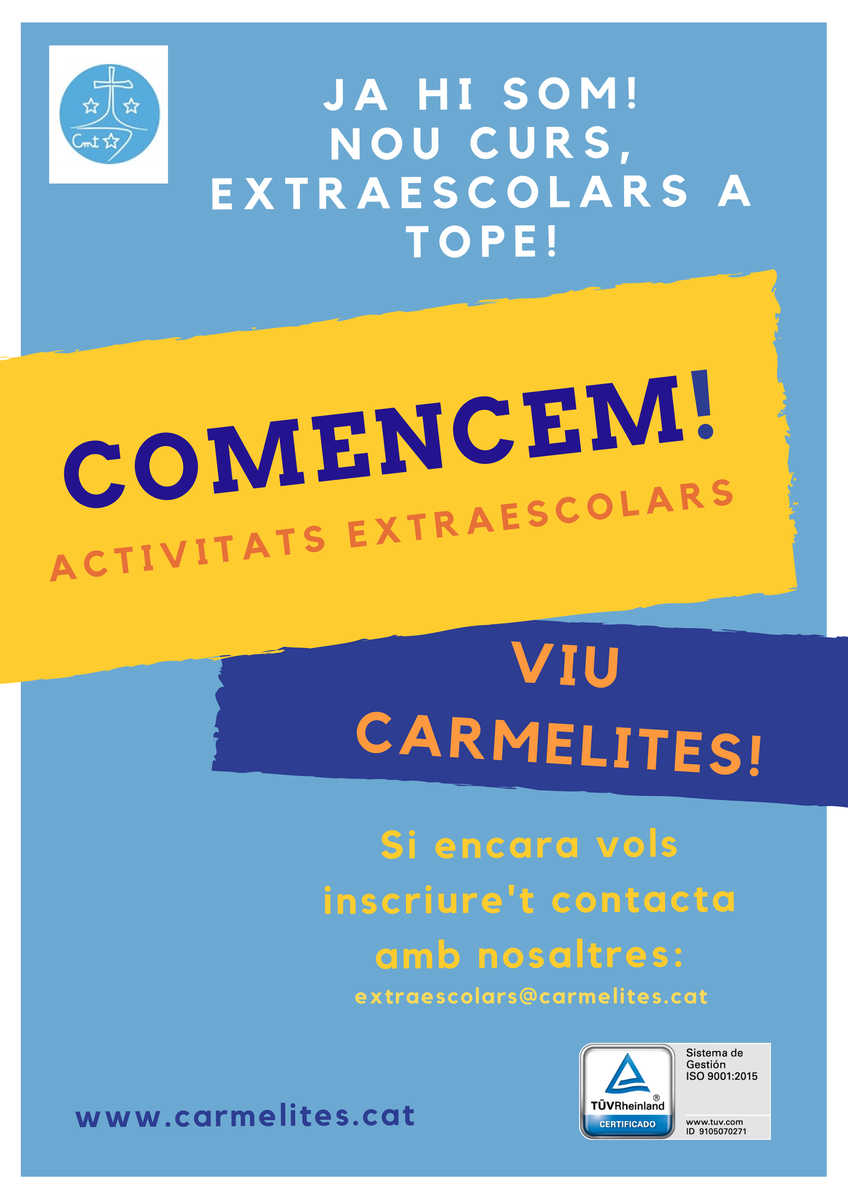 carmelitestgn's tweet photo. #ADMTWC #EXTRC Ja hi som!! Ahir van començar les extraescolars i avui continuem amb noves activitats! Si encara vols inscriure't, hi estàs a temps per algunes d'elles. Consulta-ho a extraescolars@carmelites.cat Obertes a alumnes que no veniu a les Carmelites #VIUCARMELITES https://t.co/VsIlmCdRdP