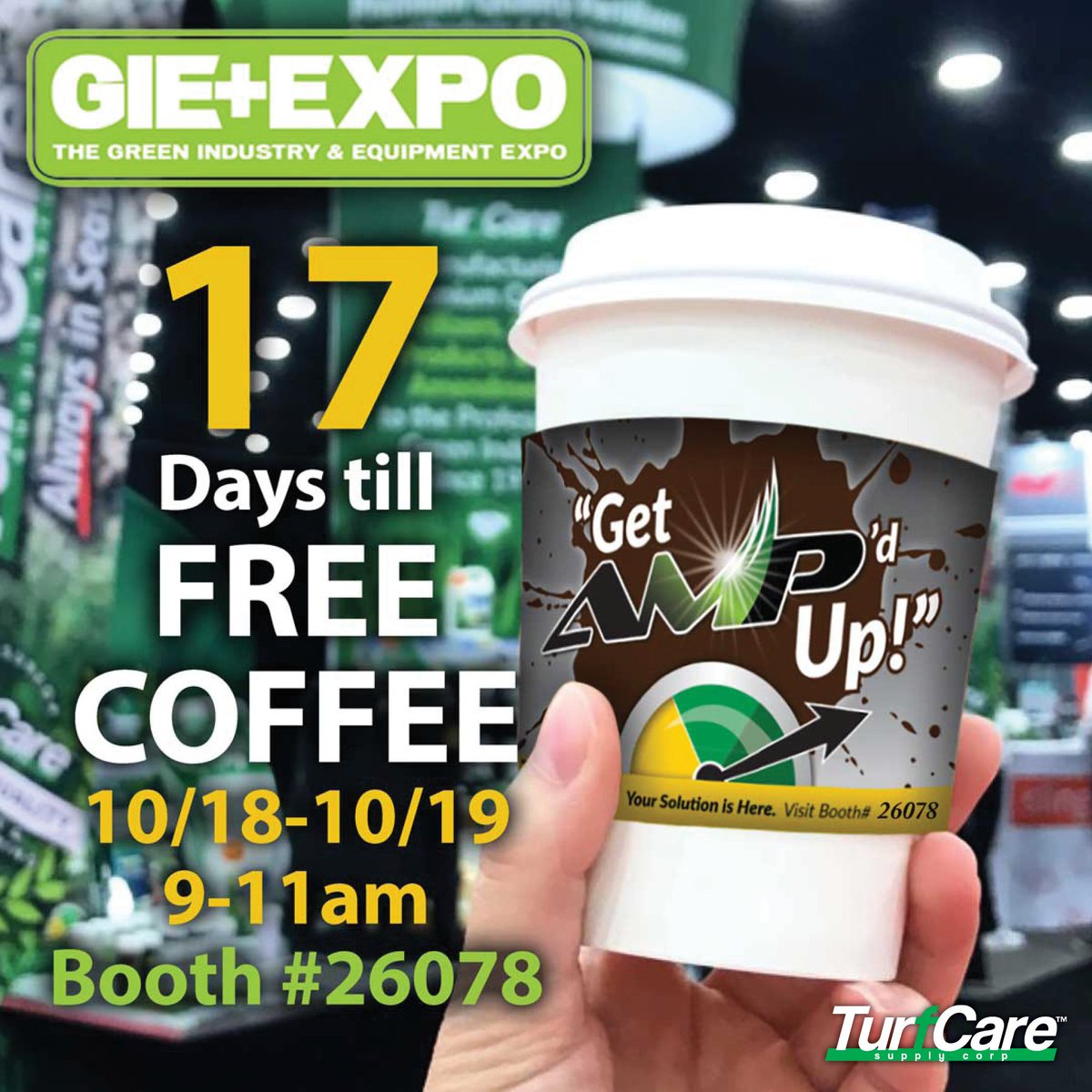 SpringValley_X's tweet photo. The GIE EXPO is almost here! Visit the TurfCare Booth #26078 on Thursday 10/18 and Friday 10/19 between 9-11am and get AMP’d up on FREE COFFEE!
#GIEEXPO #TURFCARESUPPLY #AMPxc #TURFCAREFORLIFE #LAWNSQUADNATION #LANDSCAPERS #TURF #LAWNCARE https://t.co/8kgeVzR97B