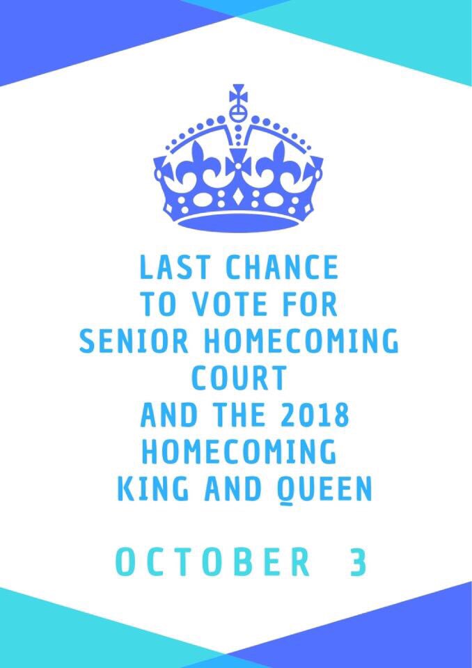 sbhssca's tweet photo. Attention SENIORS! 🔉Tomorrow is your last chance to vote for your 2018 Homecoming king &amp; queen 👑 https://t.co/6i7G0Fvl17 https://t.co/ipJM9FUj5x