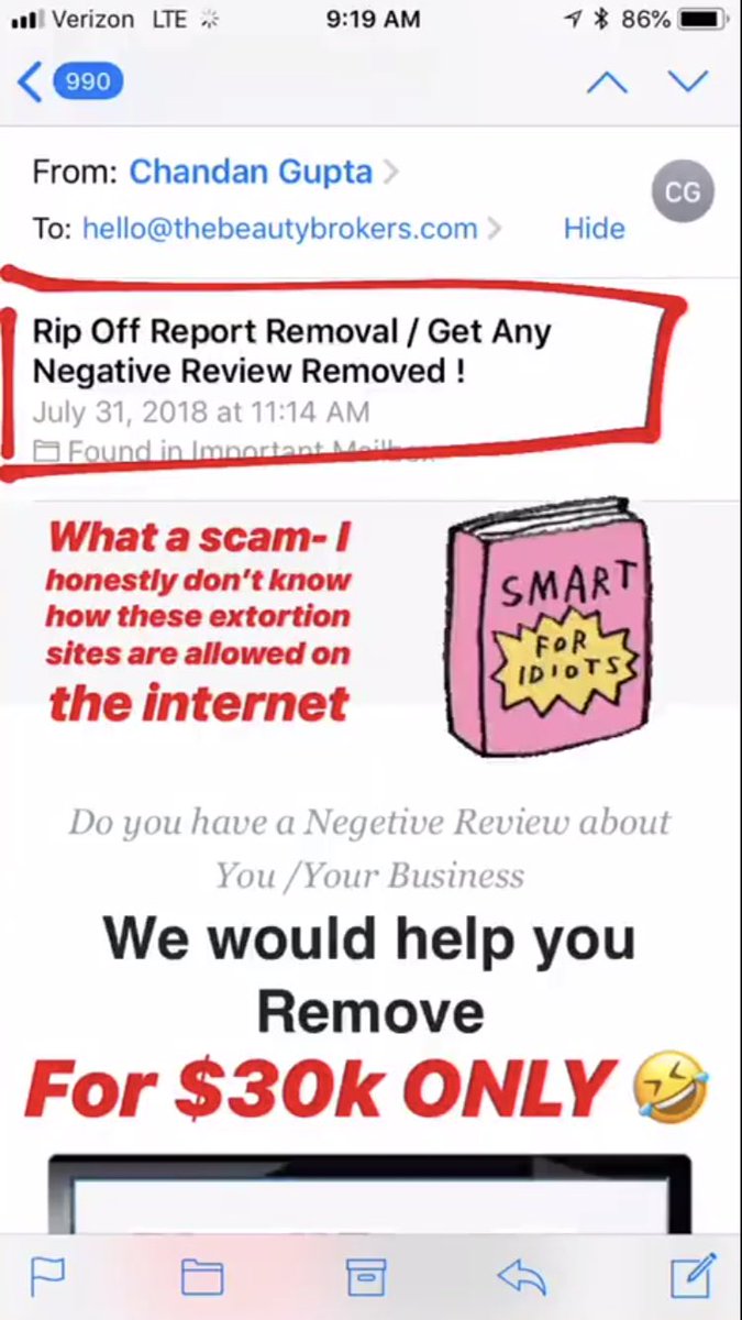 BeautyBroker's tweet photo. The #RipOffReport is an EXTORTION SCAM and the site’s founder #EdMagedson is a serious #criminal in hiding. https://t.co/CD80T5rYUN