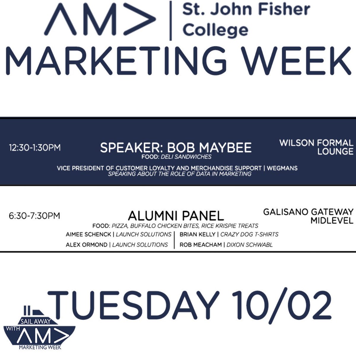 SJFC_AMA's tweet photo. We are sailing our way through the week! Here is the itinerary for Tuesday. Join us for more great speakers, an alumni panel, and more great food! #SailAwayWithAMA ⛵️ https://t.co/BiL1MhP1IV