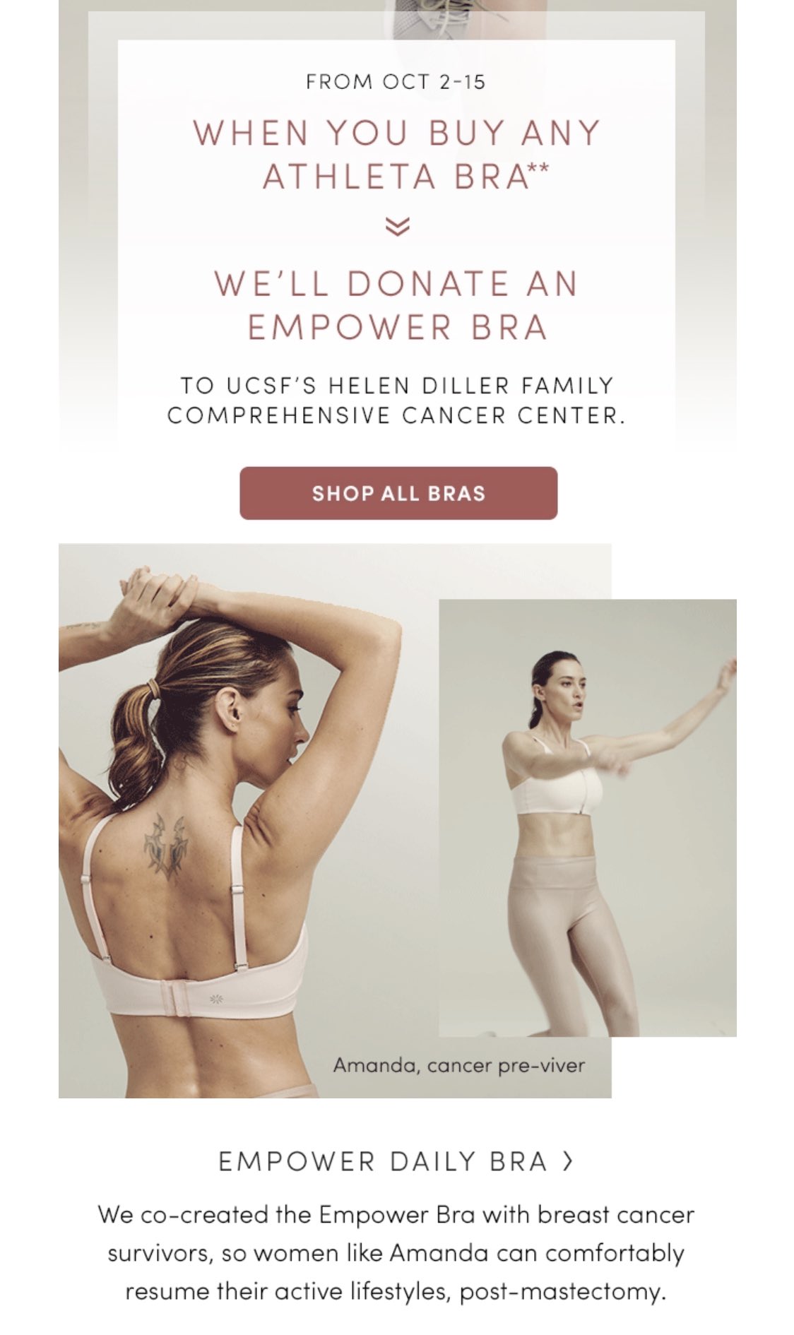 Heather Greenwood, MD on X: Very cool @Athleta ! For every bra purchased  an empower bra will be donated to the @UCSFCancer . These bras were  specifically designed for breast cancer survivors! #