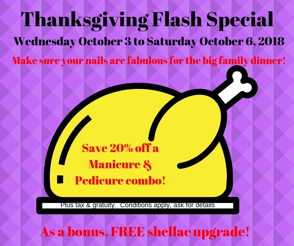 THANKSGIVING FLASH SPA SPECIAL!
For appointment, please call (519) 583-0706 Ext #2
elementsdayspa.ca