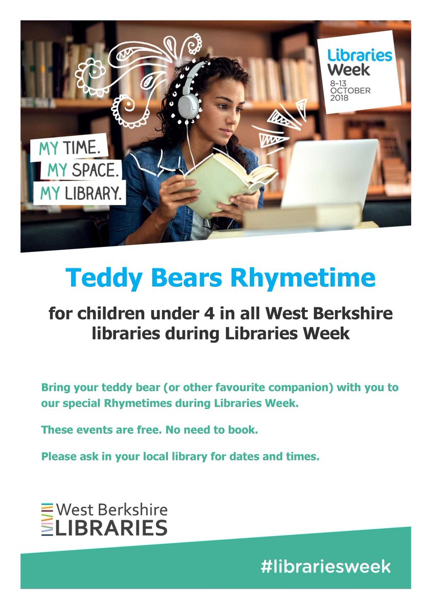 WBerksLibraries's tweet photo. We'll be hosting a Teddy Bears Rhymetime for children under 4
across all #WestBerkshire libraries during #LibariesWeek
Bring your teddy bear with you to our special Rhymetimes!
Please ask in your local library for dates and times. https://t.co/kR5TNDSmis