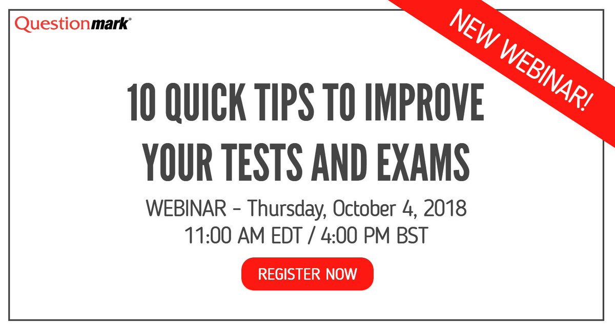 Questionmark's tweet photo. 🔔 WEBINAR: Its not too late to register for our NEW webinar, "10 Quick Tips to Improve your Tests and Exams" on Thurs, Oct 4 at 11 AM EDT / 4 PM BST. Learn more about the webinar and register here ➡️ https://t.co/yWWSNuUIJk

#webinar #Questionmark #assessments #learning https://t.co/Qwg9HrbVMs