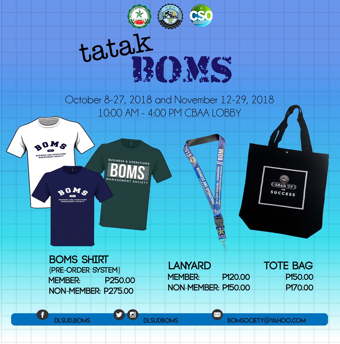 dlsudboms's tweet photo. What you wear is what you are. ✨ 
BOMS Merchandise are now available! Get yours now! 

Visit our booth from October 8 to November 29, 2018. For more queries, just leave a message on our Facebook Page.

#BOMStobeCONTINUED
#BOMSFamily1819
#CSORSO1819
#CSORSOFamily https://t.co/CM4O3GVGNX