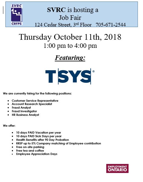 EmploymentSVRC's tweet photo. TSYS is having a job fair at SVRC on October 11, 2018 from 1pm to 4pm.
#ONJobs # jobsearch #Sudbury #jobfair https://t.co/2tYzpIcTB7
