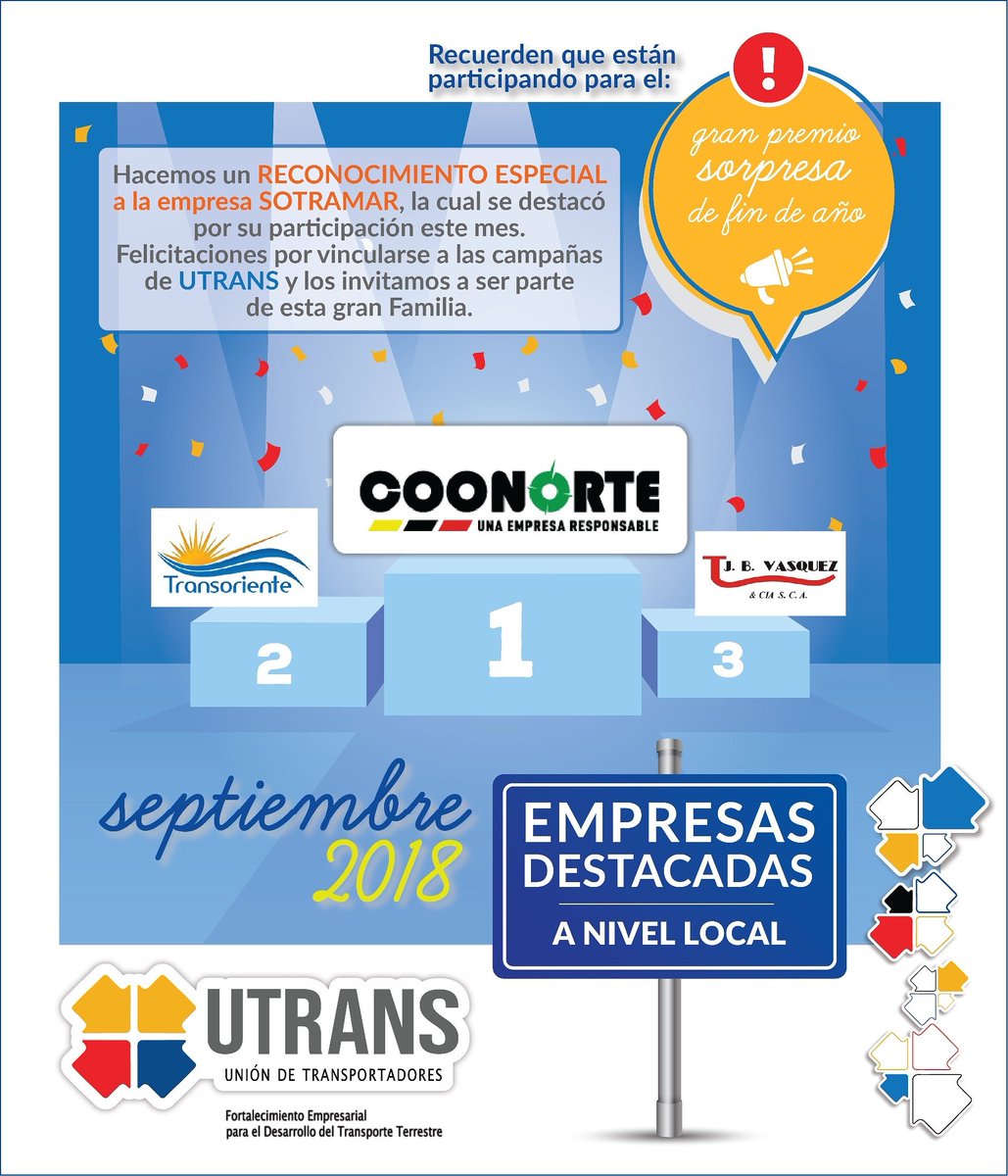 utrans_oficial's tweet photo. Seguimos destacando a Nuestras Empresas Afiliadas; que fueron destacadas por su participación en las actividades que llevamos a cabo durante el mes de septiembre.
Para ellas, FELICITACIONES!!! #YoSoyUtrans #Utrans #Fortaleciendolasempresas @expresbrasilia @coonorteoficial https://t.co/Hb3UzKWZzM