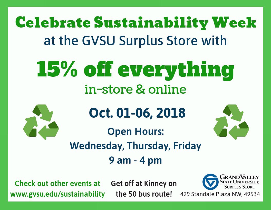 GVSUsurplus's tweet photo. Stop by this week for additional savings! Our purpose is to keep items out of the landfill; & we couldn’t do it without the support of our customers! Check out other events this week at @gvsusustains or at https://t.co/gyutWt0JmZ. #Sustainability #ShopSurplus #GVSU #SurplusStore https://t.co/WyP0GgRChw