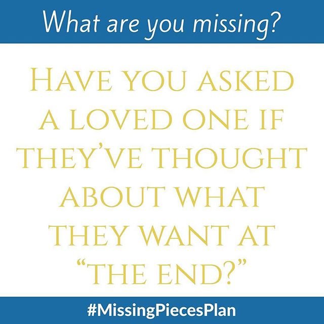 Jody__Giles's tweet photo. Have you asked a loved one if they’ve thought about what they want at “the end?”⠀
#MissingPiecesPlan #gooddeath #goodlife #betterlife #goodend #eol #eolplanning #wishes #decisions #justdoit #Conversation #sharing #dreams #legacy https://t.co/7K1BXOct6c https://t.co/hdZTn3qAPM