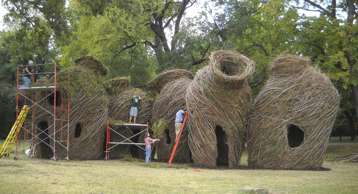 wkuces's tweet image. Don't forget to stop by the Kentucky Building today! Be a part of some amazing ART! We need help taking leaves off saplings that will be used for the Stickwork Project. A staff member will be available on site with waiver forms and instructions. #Stickwork @wku