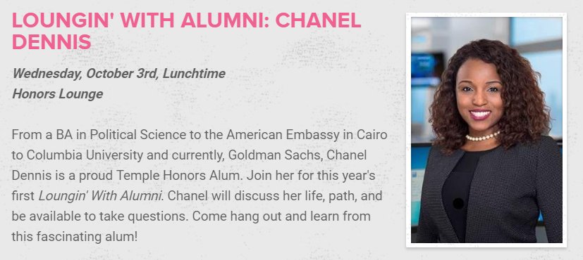TUpolisci's tweet photo. Stop by the Temple Honors Lounge, 204 Tuttleman, tomorrow from 11:50am-1:15pm to meet our distinguished #TUPoliSci alumna, Chanel Dennis (or see her again, for her former Professors). #TempleTalks https://t.co/96khJymiz1