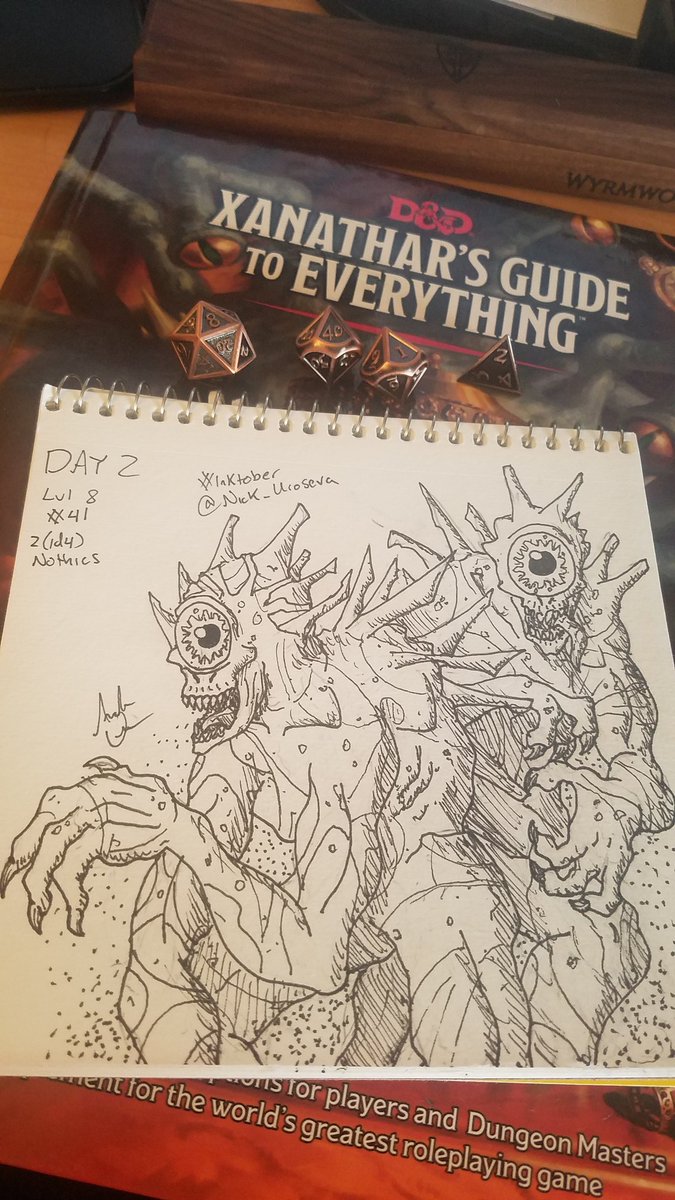 nick_uro's tweet photo. #Inktober2018 Day 2.
#XGtE Underdark Random Encounter Tables. Lvl 8 (1d20), #41 (1d100), 1d4 (2) Nothics.
Yesterday was cyclopes. Maybe Day 3 will give me a monster with more than one eye. :p
#DnD #inktober https://t.co/M8DEv4XuXS