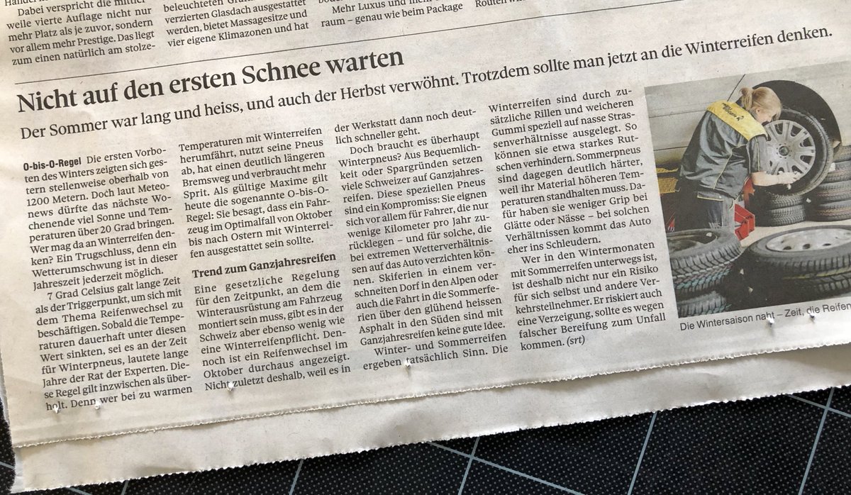 Ja, es ist wieder soweit: Letzte Nacht hats in den Bergen bereits geschneit, sicher bald schon auch in den Niederungen. Deshalb schreibt der <a href="/tagesanzeiger/">Tages-Anzeiger</a> sehr richtig: Warten Sie nicht mit dem Umrüsten! Und so gehts am besten – #Video: youtube.com/watch?v=TJ4qKn…