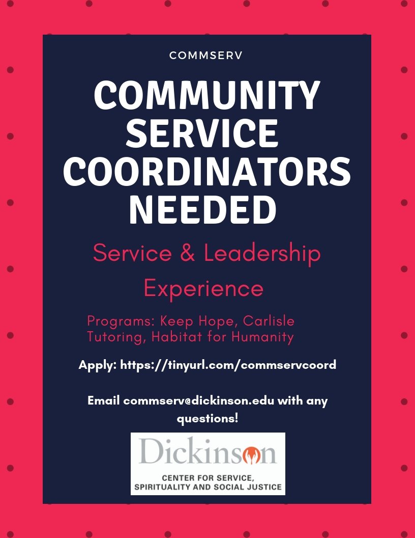 DickinsonCSSJ's tweet photo. CommServ is still looking for program coordinators for Keep Hope, Habitat for Humanity and Carlisle Tutoring. Apply here: https://t.co/9QE3rGcnlG. Email commserv@dickinson.edu with any questions! https://t.co/6Fh63LIRBd
