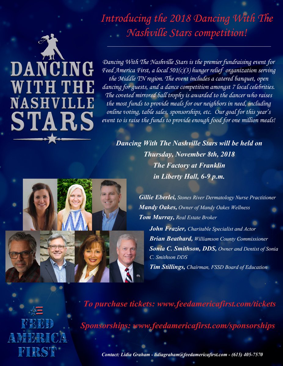 We are excited to announce our 2018 Dancing With The Nashville Stars banquet! Tickets are available now but going fast! Click here to learn more, meet our 2018 dancers, and purchase tickets: feedamericafirst.com/dwtns