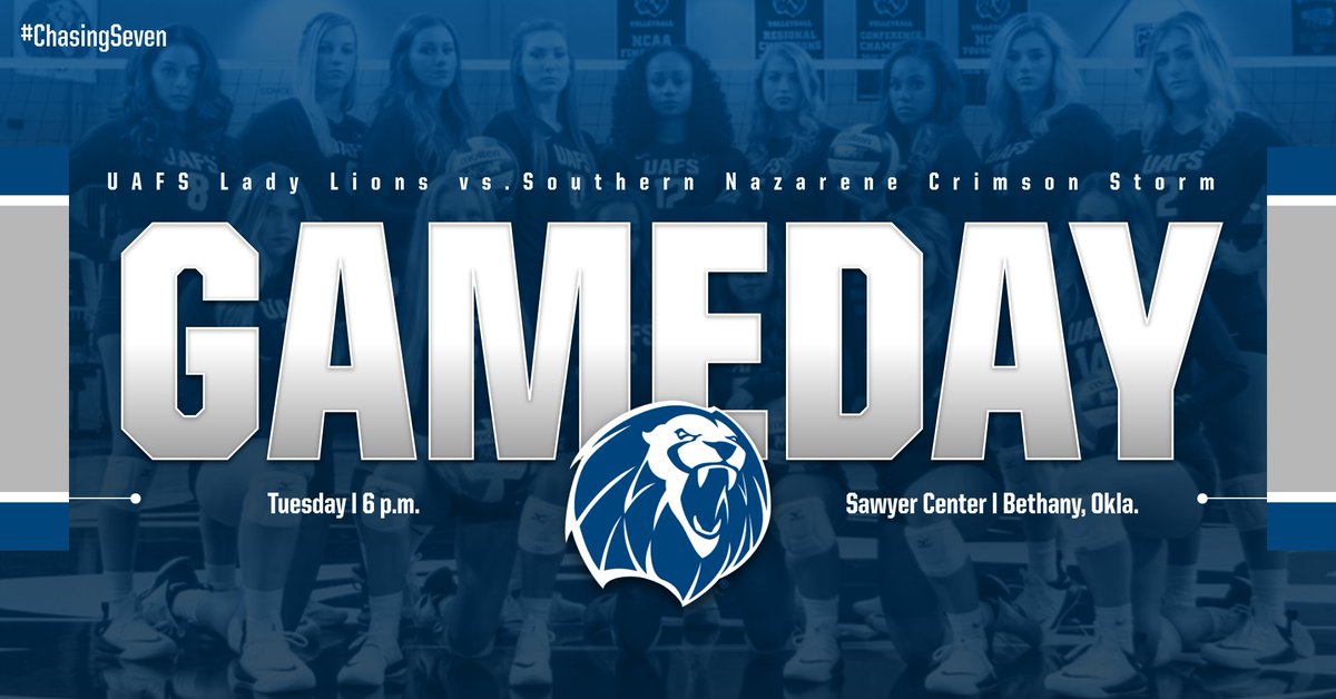 UAFSSports's tweet image. It's GAMEDAY! The Lady Lions volleyball team plays the Southern Nazarene Crimson Storm at 6 p.m. at the Sawyer Center in Bethany, Okla. #ChasingSeven