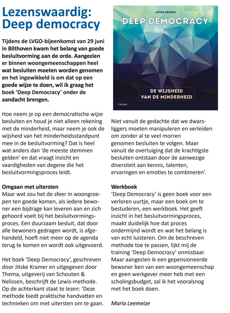 HumanDimensionJ's tweet photo. Deep Democracy is toepasbaar in elke groep. Ook in woongroepen. Lees deze leuke recensie in Wijzer Wonen. Wil je ook het boek kopen? Kijk op https://t.co/To1Dg9tfCe #woongroep #deepdemocracy #groepsprocessen #conflict #Harmonie #leiderschap https://t.co/AfofCu6NUN