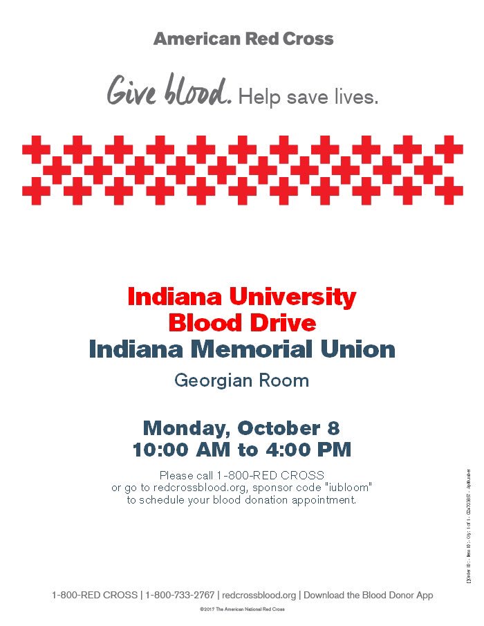 SAA_IU's tweet photo. Less than a week until Homecoming which means it’s time to have some fun and do some good in our community. 

To sign up for our first event of the week - our blood drive - go to https://t.co/aIHOHYjOpm and enter code IUBLOOM

(Student groups this is 100 pts per donation!!) https://t.co/OTtbulyMhn