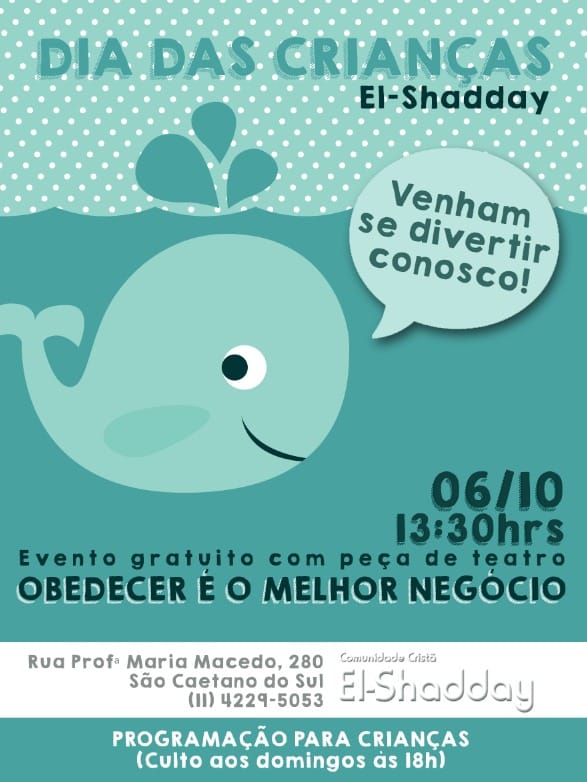 ccelshadday's tweet photo. No próximo sábado, a partir das 13h30, teremos uma festa especial para as crianças: uma tarde com muitas brincadeiras, música e peça de teatro! #diadascrianças #crianças #festa #brincar #brincadeiras #teatro #obedecer #ccelshadday #elshaddaykids https://t.co/m96UgmaCpc