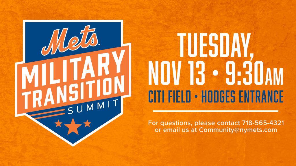Mets's tweet photo. We invite all service members, veterans, reservists and spouses to @CitiField on Tues., 11/13 for our #MilitaryTransitionSummit! It includes workshops, a career counseling presentation, a tour of the #Mets dugout &amp; more!

Sign up here: https://t.co/x7khUlauj4 https://t.co/Lq40rYJ3MP