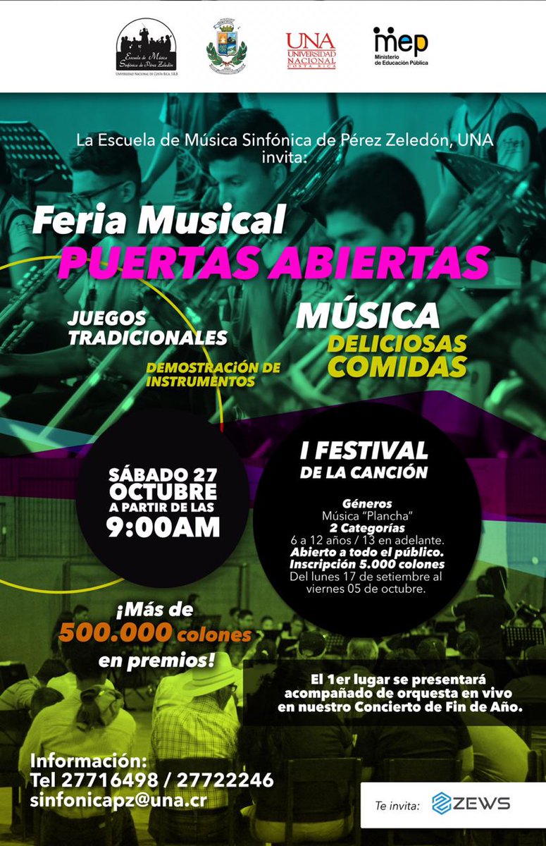 Si les gusta cantar esta es su oportunidad de demostrar todo ese talento, en la Feria Musical Puertas Abiertas, organizada por la Escuela de Música Sinfónica de Pérez Zeledón. Valor de la inscripción: ¢5000. 
📞 Más información al: 2771-6498 / 2772-2246.