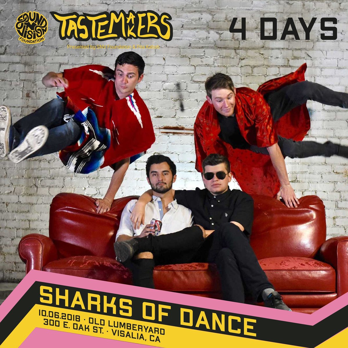 FOUR DAYS AWAY! 😮😮

Do you have your tickets yet?! Get your $10 tickets now at TastemakersFestival.com, <a href="/PitaKabob/">Pita Kabob</a> or <a href="/VelouriaRecords/">VelouriaRecords</a>! 

You won't wanna miss <a href="/SharksOfDance/">Sharks Of Dance</a> and TWELVE other amazing bands bring the party down in #Visalia this Saturday starting at 5pm! 🎸🥁🎙