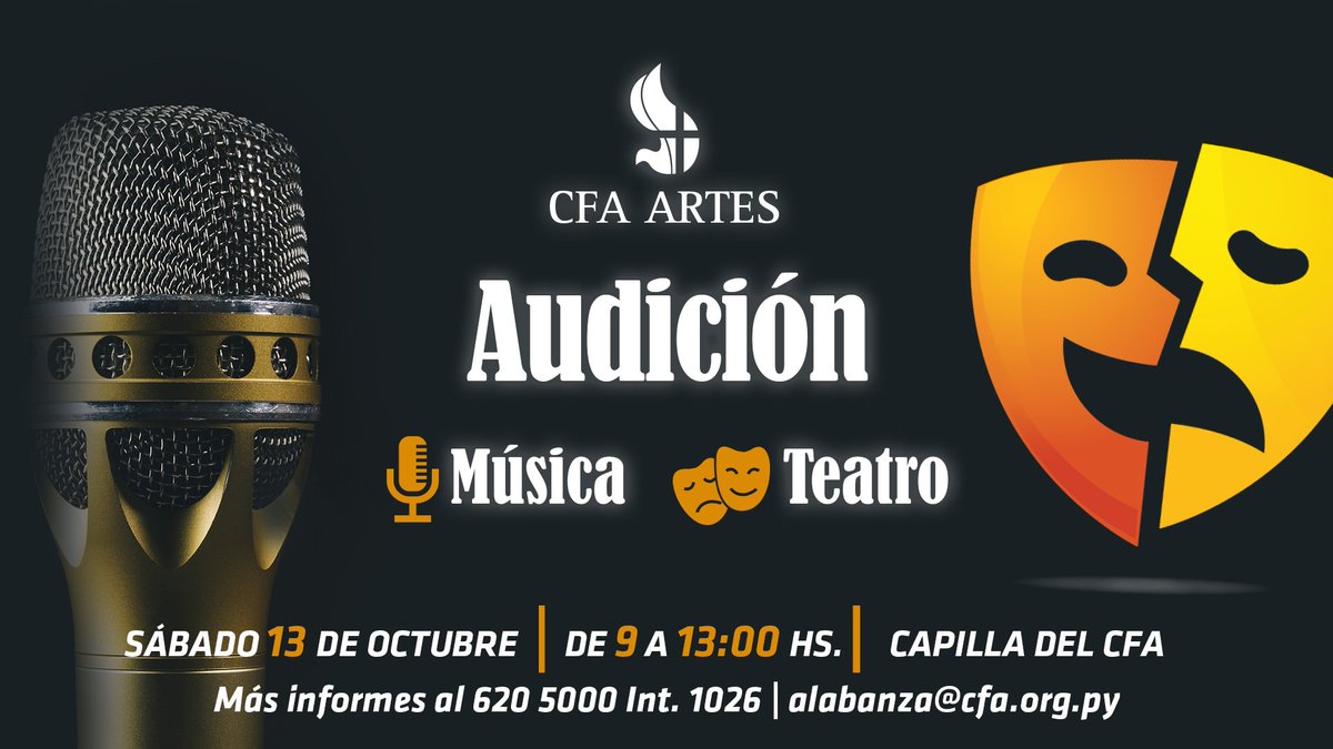 IglesiaCFA's tweet photo. ¡Preparate! Ya llega la #audición de música y teatro de #CFAArtes. Animate a usar los talentos que Dios te dio 🎷🎶.
Más informes al 0216205000 interno 1026. https://t.co/B8hHsn0ZKu