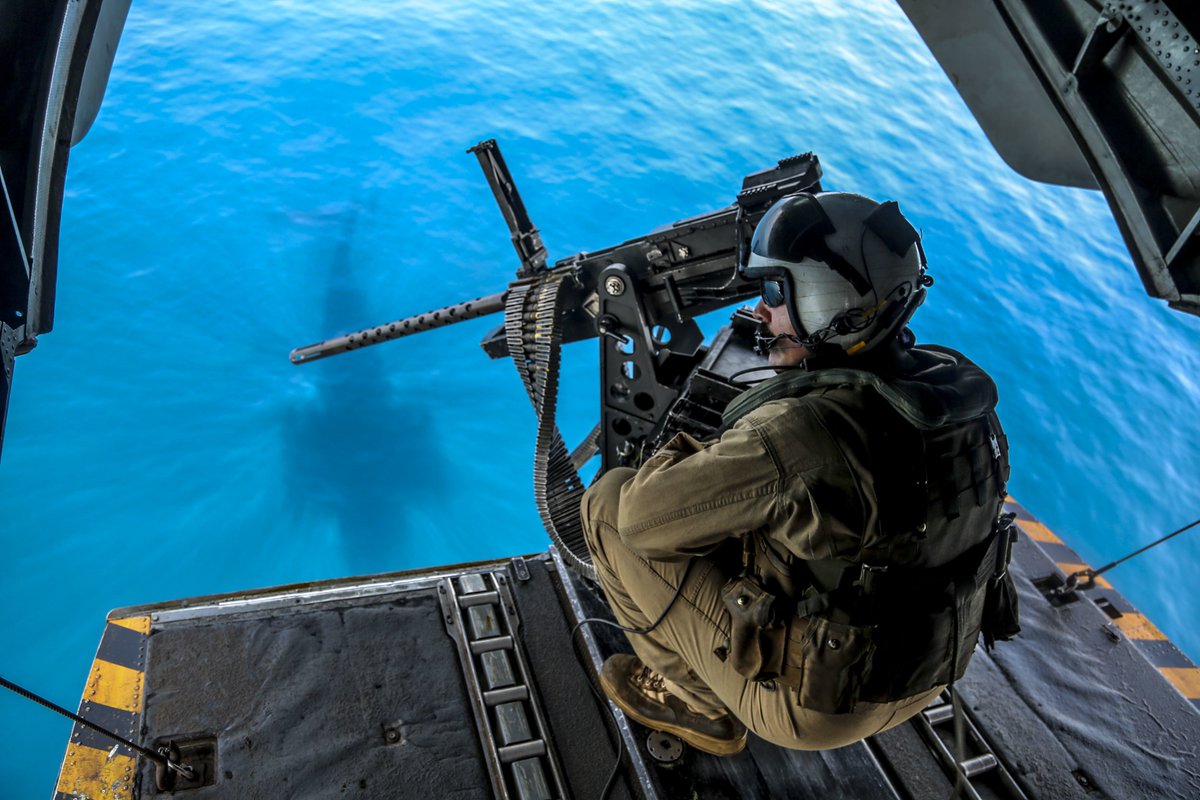 Staff Sgt Robert Lyvers, a CH-53E Super Stallion crew chief with the 26th Marine Expeditionary Unit, prepares for landing aboard the USS Iwo Jima.

For more information, text THEFEW to 43506. 

#1st_MCD #Marines #USMC #MarineCorps