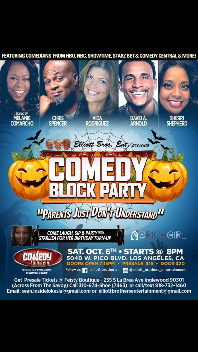 #LosAngles 🌴 This is IT #ComedyBlockParty of the year >>> Saturday 10/6. Come get ya laugh on @thecomedyunion with comedy heavyweights 👇🏼Pre tix only $15 and $20 @ door . S/O @comedygrind3