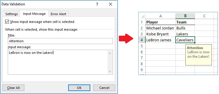 Excel tip: Most people know that you can add Comments to cells, but a cleaner-looking alternative is an INPUT MESSAGE in Data -> Data Validation. #ExcelTips #TuesdayThoughts #WednesdayWisdom #LeBron #Lakers