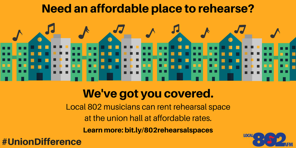 Local_802_AFM's tweet photo. It’s no secret that the shortage of affordable workspace is a huge issue facing artists in NYC. That’s why all Local 802 #unionmusicians are eligible to rent rehearsal space at the union at reduced rates! Learn more: https://t.co/LlvZfmJSWU #UnionDifference #UnionStrong https://t.co/UCtNhJUzrU