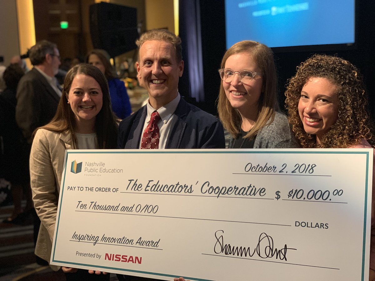 Ed_Cooperative's tweet photo. The teachers of TheEducators'Cooperative are honored to have been named as the recipient of the Inspiring Innovation Award. Thank you @NashvillePEF @NissanUSA @MayorBriley &amp; all the teachers in the Cooperative working to create the space to collaborate #forteachersbyteachers https://t.co/cSWLt2BQsp