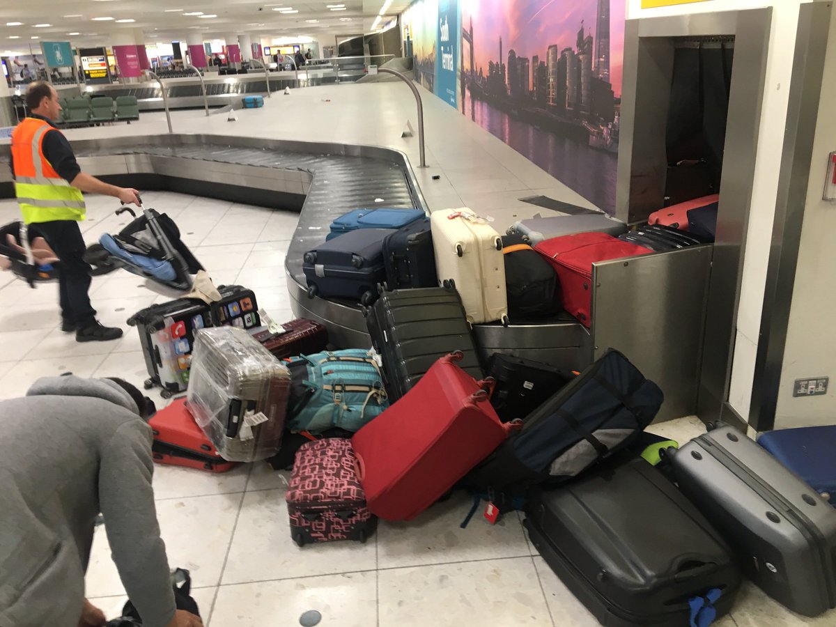 FelixColes's tweet photo. Great work @Gatwick_Airport those are my bags with laptop, and breakables, with many others belongings, all upside down, after countless shouts the machine clearly wasn’t working...

#idiots 
#welldone https://t.co/f8I8AQGnkC