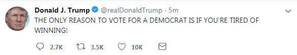 jenniforaday's tweet photo. This is the most hateful tweet I could imagine from a "President." If I am supposed to recognize you as my leader, you damn well better recognize me as your constituent. I AM AN AMERICAN TOO.  Democrats are AMERICANS.  #WinningInAmerica #TrumpsAmerica #MAGA #Kavanaugh #GOP #Dems https://t.co/PwD6ivOUAT