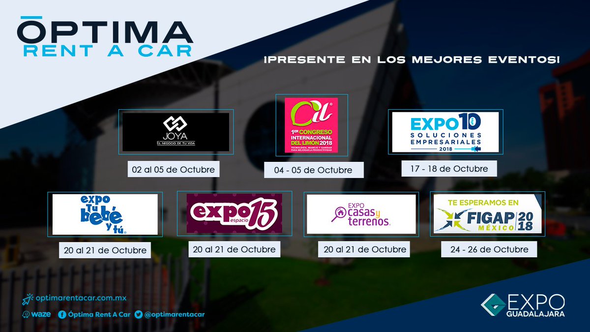optimarentacar's tweet image. Te presentamos el calendario de eventos de Expo Guadalajara en el mes de Octubre, prepárate para asistir rentando un automóvil en Óptima Rent A Car.

Oficina Matriz +52 (33) 3812 0437 
Aeropuerto 24hrs +52 (33) 36886088
Expo GDL +52 (33) 17282096